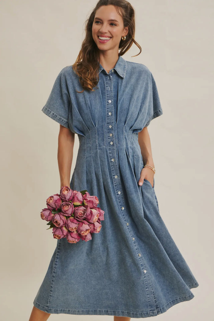 Karina’s Stretchy Button-Down Denim
Pleated Midi Dress