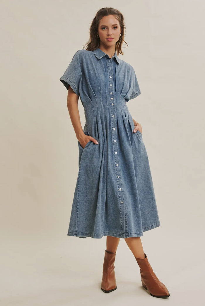 Karina’s Stretchy Button-Down Denim
Pleated Midi Dress