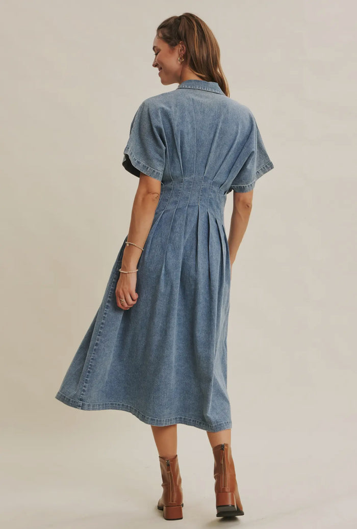 Karina’s Stretchy Button-Down Denim
Pleated Midi Dress