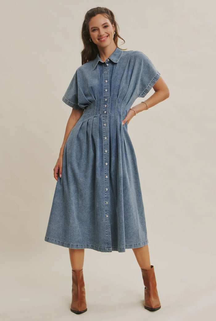Karina’s Stretchy Button-Down Denim
Pleated Midi Dress