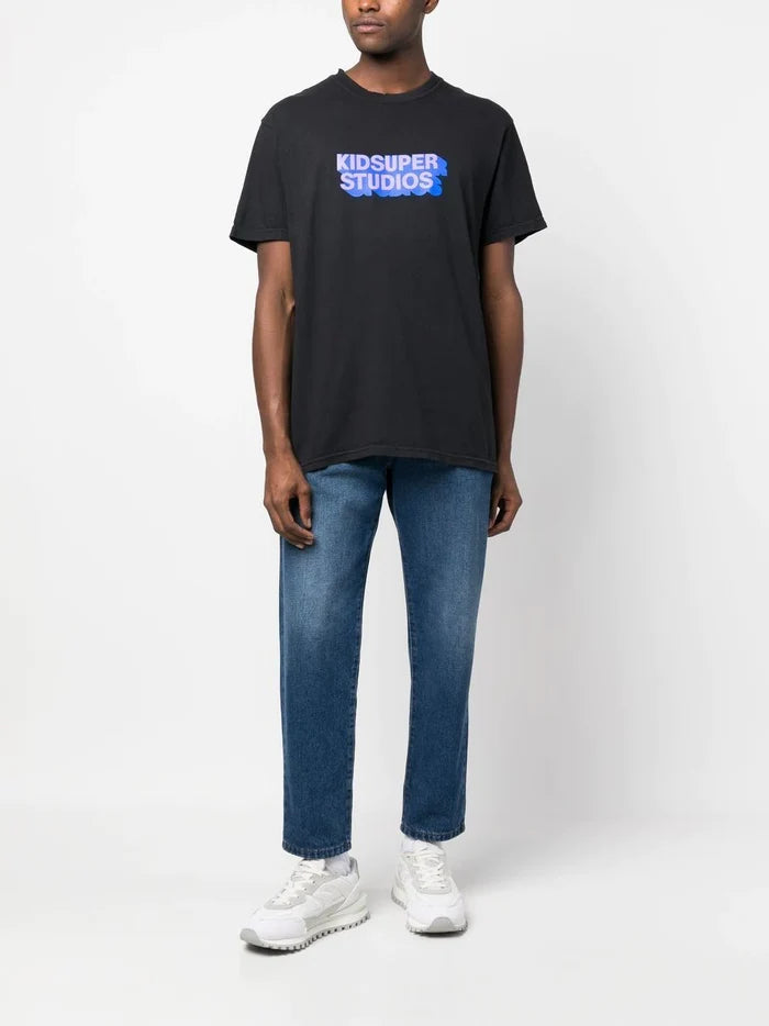 KIDSUPER Logo-Print T-shirt Black/Blue - MAISONDEFASHION.COM