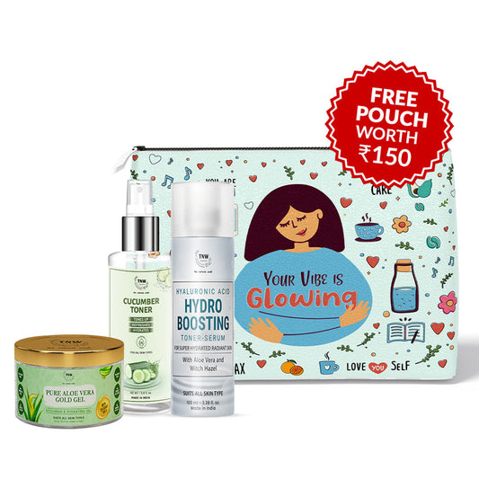 Kit - Hydration Boosting Skin Care Kit (Pure aloe Vera gold gel, Cucumber toner, Hydro boosting toner serum + Get a FREE Pouch)