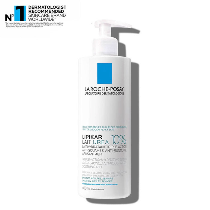 La Roche-Posay Lipikar Lait Urea 10% 400ml pump bottle on white background, labelled "Triple-Action Hydrating Lotion"