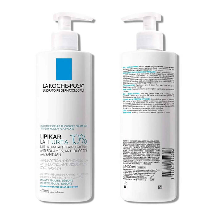 La Roche-Posay Lipikar Lait Urea 10% 400ml pump bottles, front and back view, white background
