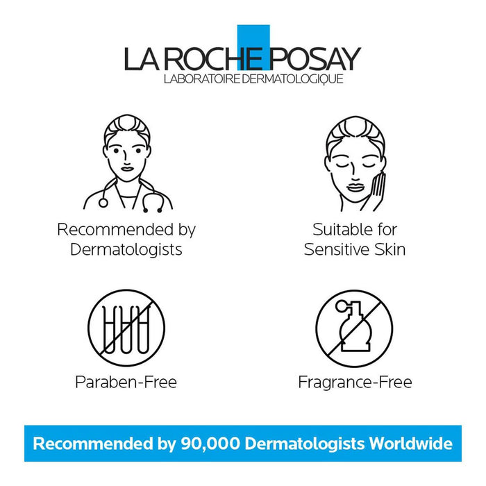 La Roche-Posay Lipikar Lait Urea 10% icons on white: recommended by dermatologists, sensitive skin, paraben-free, fragrance-free.