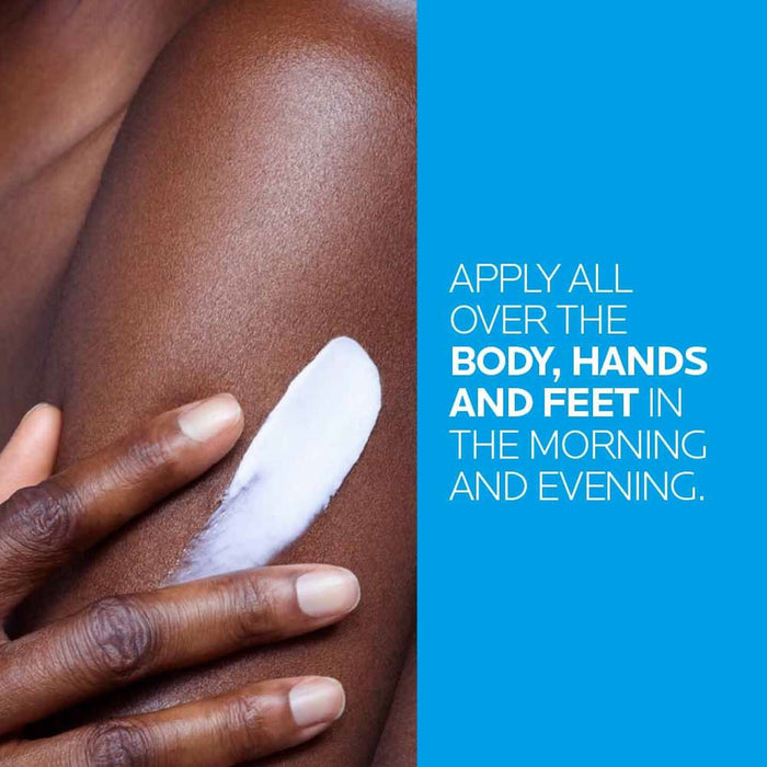 Hand applying La Roche-Posay Lipikar Lait Urea 10% cream to arm on blue background, text reads "Apply all over the body, hands and feet in the morning and evening."