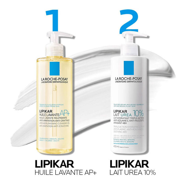 La Roche-Posay Lipikar Lait Urea 10% bottle labelled step 2 beside Lipikar Huile Lavante AP+ on white background.
