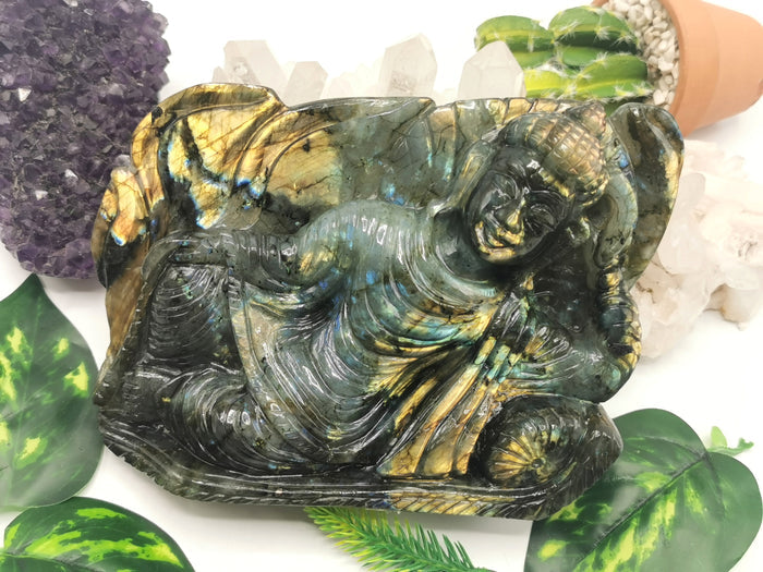 Labradorite Buddha in parinirvana position - handmade carving of serene Lord Buddha - crystal/reiki/healing - 7 inches and 1.13 kg
