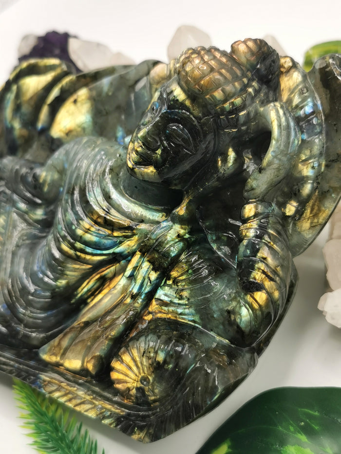 Labradorite Buddha in parinirvana position - handmade carving of serene Lord Buddha - crystal/reiki/healing - 7 inches and 1.13 kg