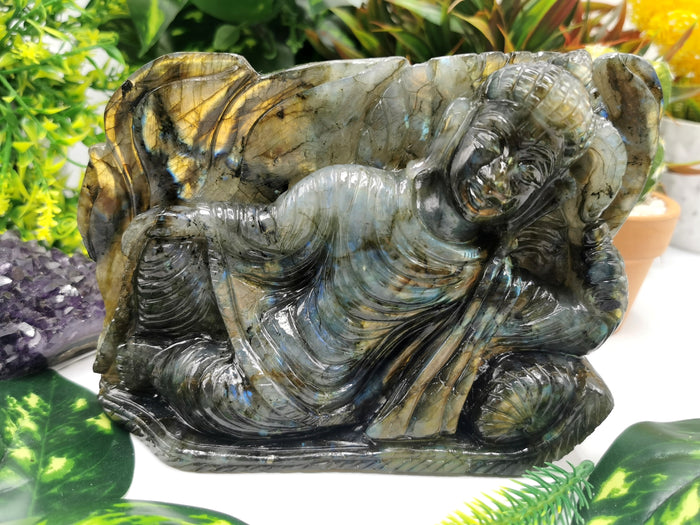 Labradorite Buddha in parinirvana position - handmade carving of serene Lord Buddha - crystal/reiki/healing - 7 inches and 1.13 kg