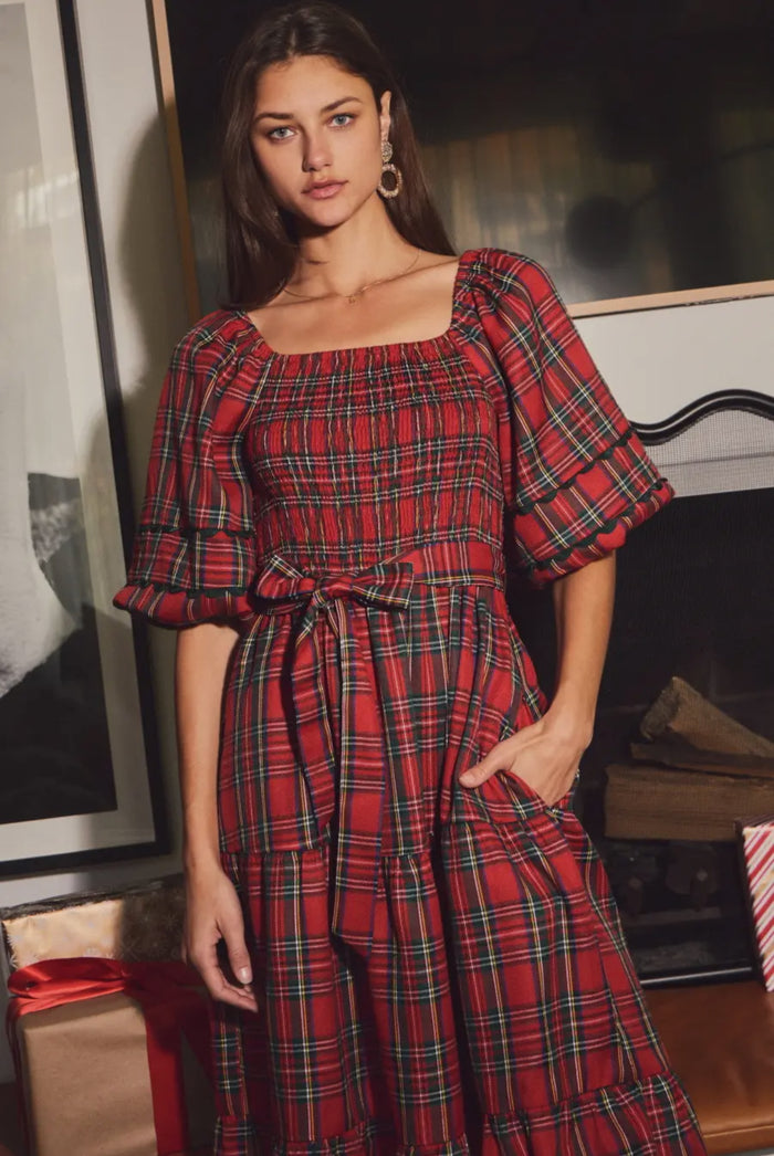 Leah Smocked Plaid Midi Dress