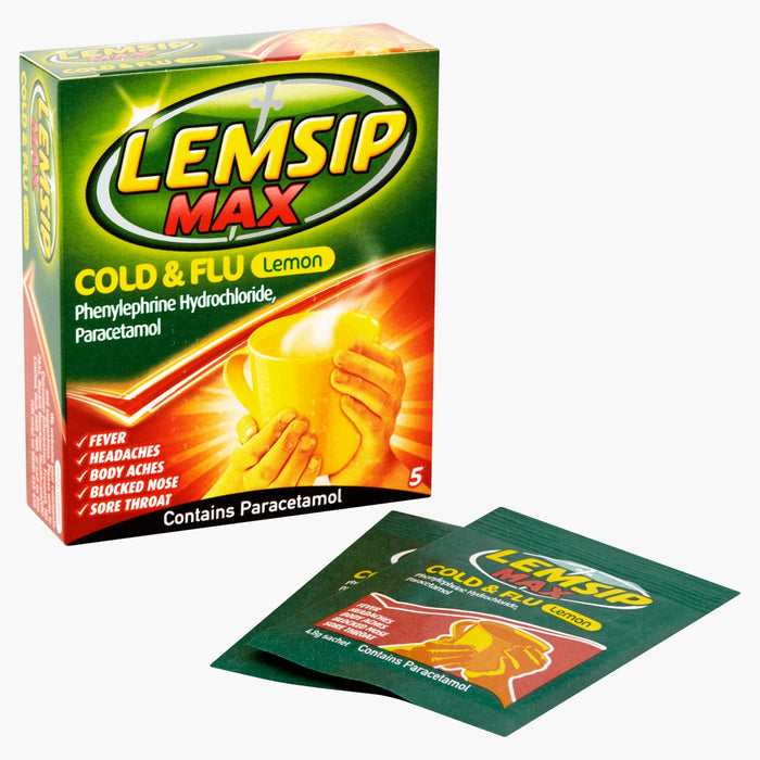 Lemsip Max Cold & Flu Lemon box of 5 sachets on white background, with two individual green sachets shown in front.