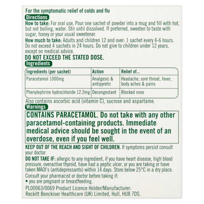 Lemsip Max Cold and Flu Lemon Sachets back panel on white, showing directions, ingredients table, and paracetamol warnings in green text.