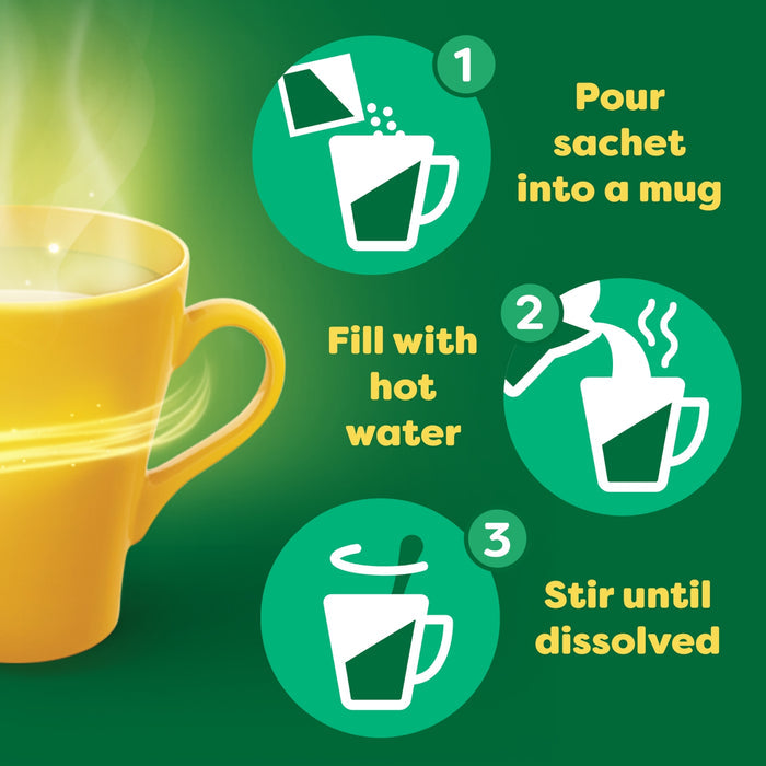 Lemsip Max Cold And Flu Lemon preparation steps on green background: pour sachet into mug, fill with hot water, stir until dissolved, with yellow steaming mug.