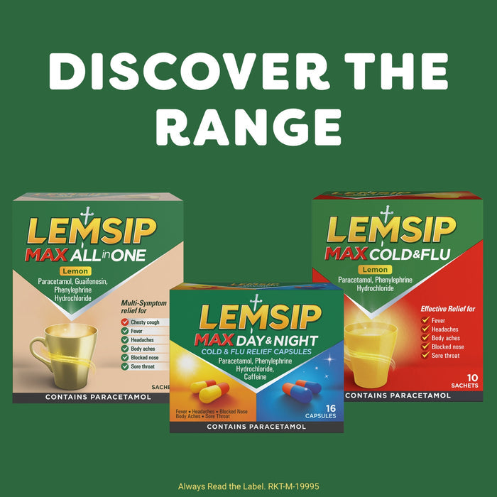 Lemsip Max Cold & Flu range on green background showing All in One, Day & Night, and Cold & Flu Lemon sachets. "Discover The Range"