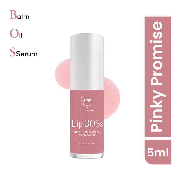 Lip serum bottle labeled 'Lip BOSS' with 'Pinky Promise' packaging on a white background