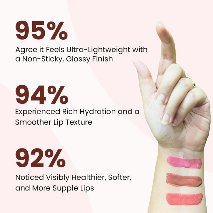 Hand with lip swatches and product feedback text on a light pink background