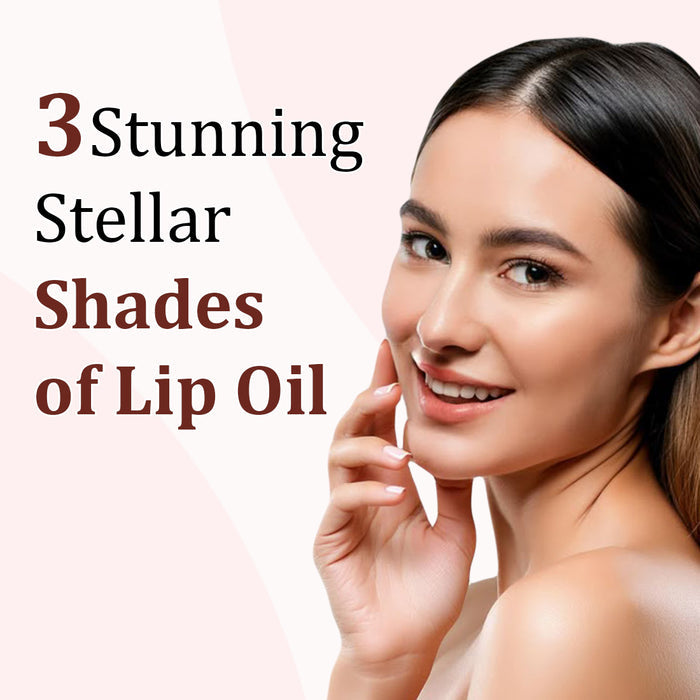 Woman with a smile, text '3 Stunning Stellar Shades of Lip Oil' on a light pink background