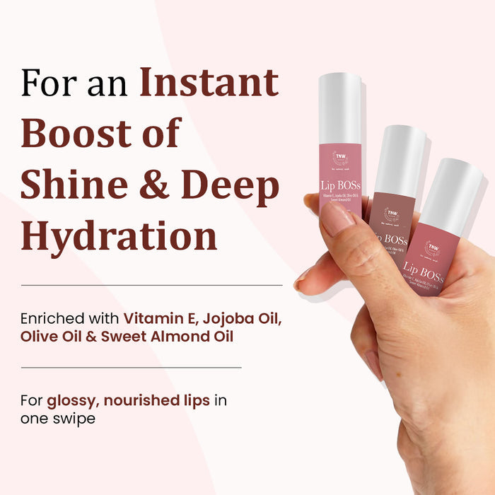 Hand holding three lip balm tubes with text about instant shine and deep hydration.