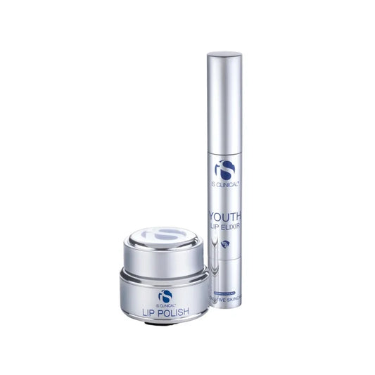 iS Clinical Lip Polish jar and Youth Lip Elixir tube with silver packaging on white background
