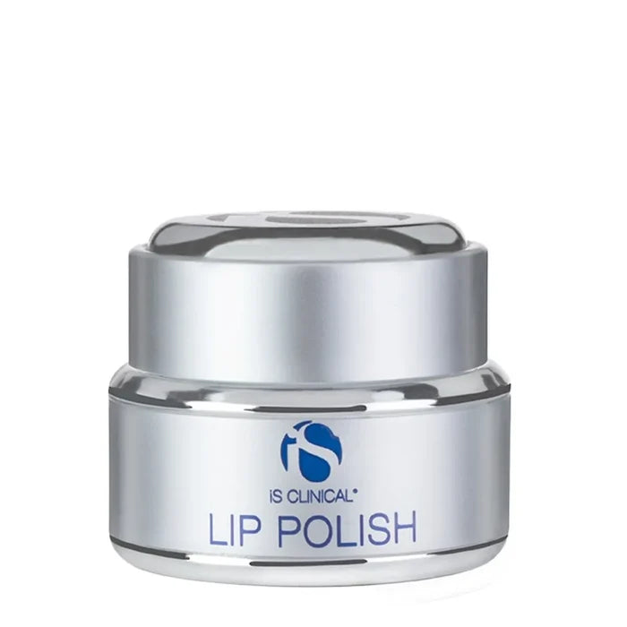 Silver jar of iS Clinical Lip Polish with blue logo and text on white background