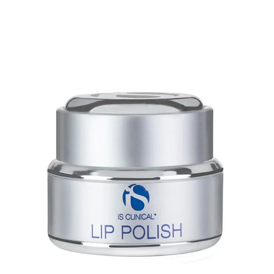 Silver jar of iS Clinical Lip Polish with blue logo and text on white background