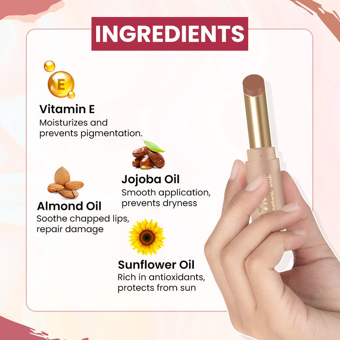 Lip balm with ingredients listed on a white background