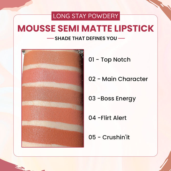 Mousse semi matte lipstick swatches with color names on a beige background