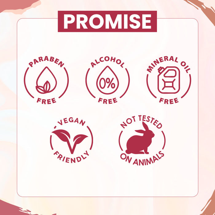 Set of icons indicating product features like paraben-free, alcohol-free, mineral oil-free, vegan-friendly, and not tested on animals on a white background.