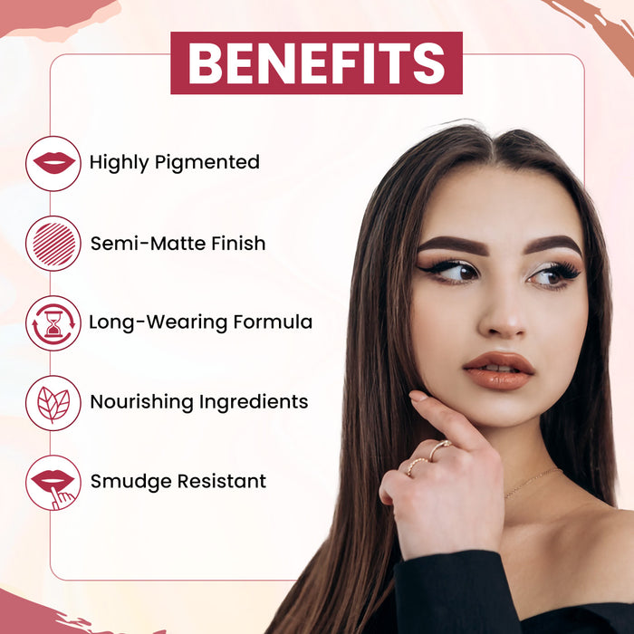 Woman with makeup and benefits listed on a pink background
