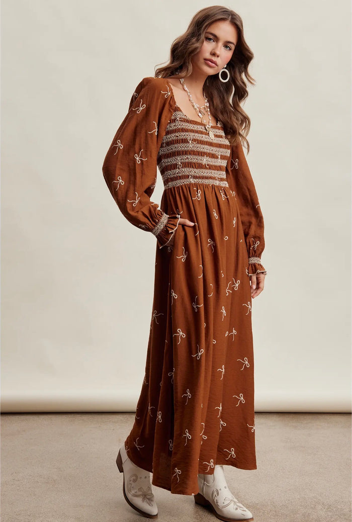 Luna Embroidered Bow Smocked Maxi Dress