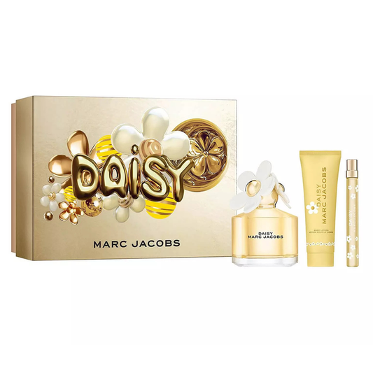 Marc Jacobs Daisy gift set gold box with EDT spray, body lotion tube, and mini spray on white background