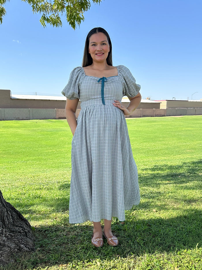 Mary Soft Prairie Square Neck Gingham Smocked Midi Dress