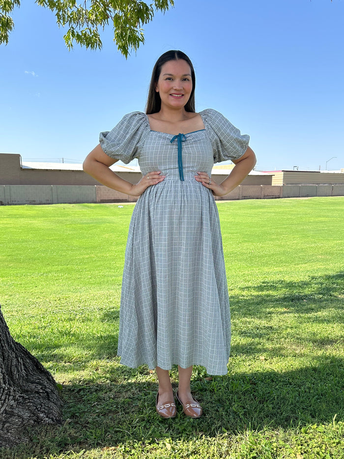 Mary Soft Prairie Square Neck Gingham Smocked Midi Dress