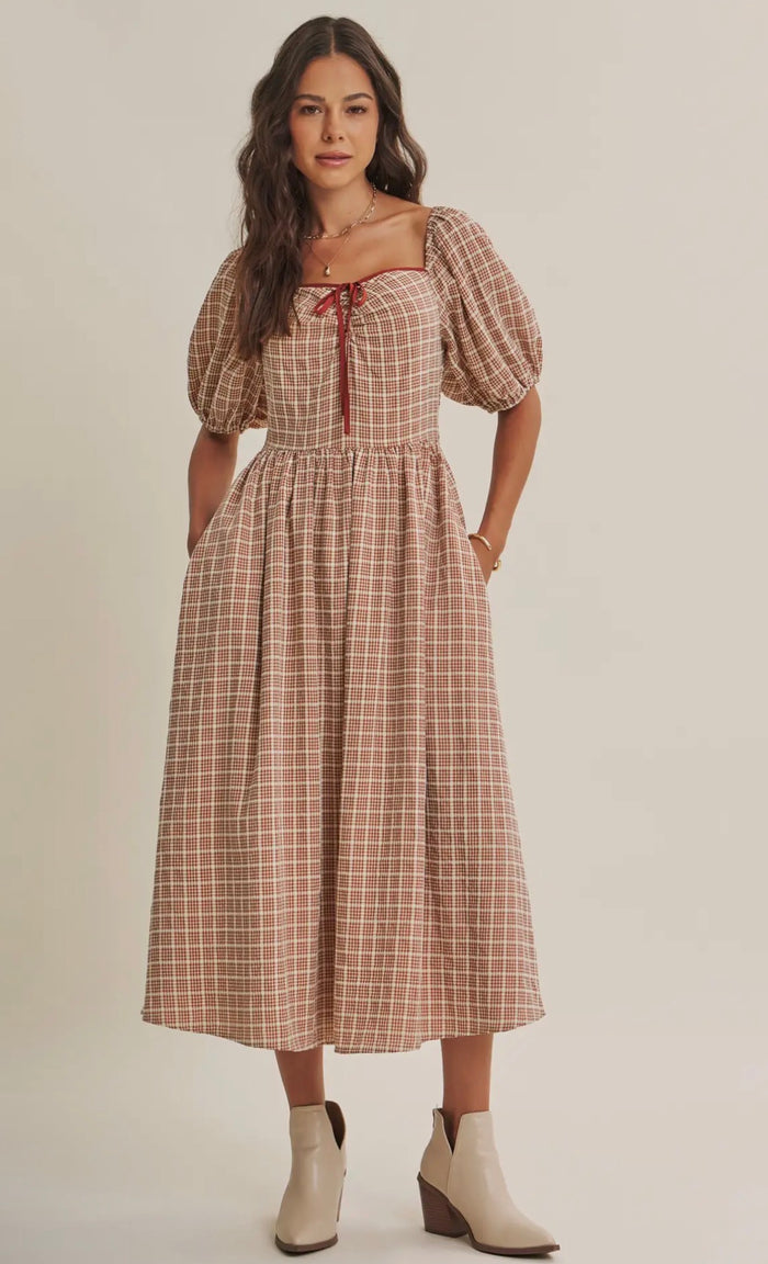 Mary Soft Prairie Square Neck Gingham
Smocked Midi Dress
