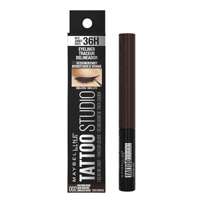 Maybelline Tattoo Studio Liquid Ink Liner 002 Dark Henna Brown – 36HR smudge-proof waterproof eyeliner, precision tip, Blush Fiji