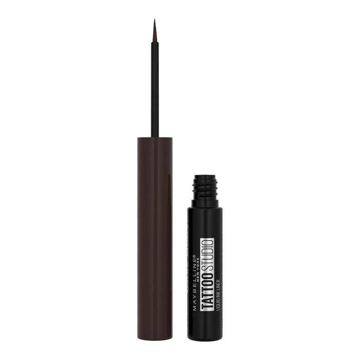 Maybelline Tattoo Studio Liquid Ink Liner 002 Dark Henna Brown open brush – waterproof eyeliner with sharp precision tip, Blush Fiji