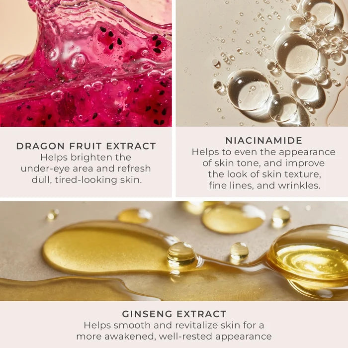 Mellow Eyes in Dragon Fruit - Three-panel ingredient graphic highlighting Dragon Fruit Extract, Niacinamide, and Ginseng Extract used #hemp-green#dragon-fruit-pink