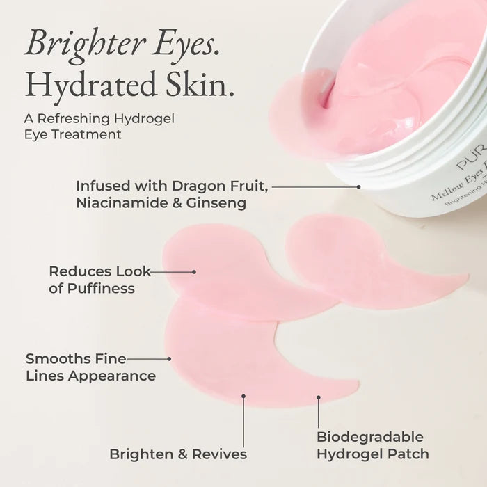 Mellow Eyes in Dragon Fruit - Eye patches shown beside open jar with callouts highlighting brightening effect, reducing puffiness, ingredient infusions, and biodegradable patches. #dragon-fruit-pink
