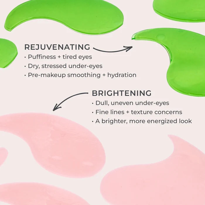 Mellow Eyes - Green rejuvenating eye patches and pink brightening eye patches against cream background