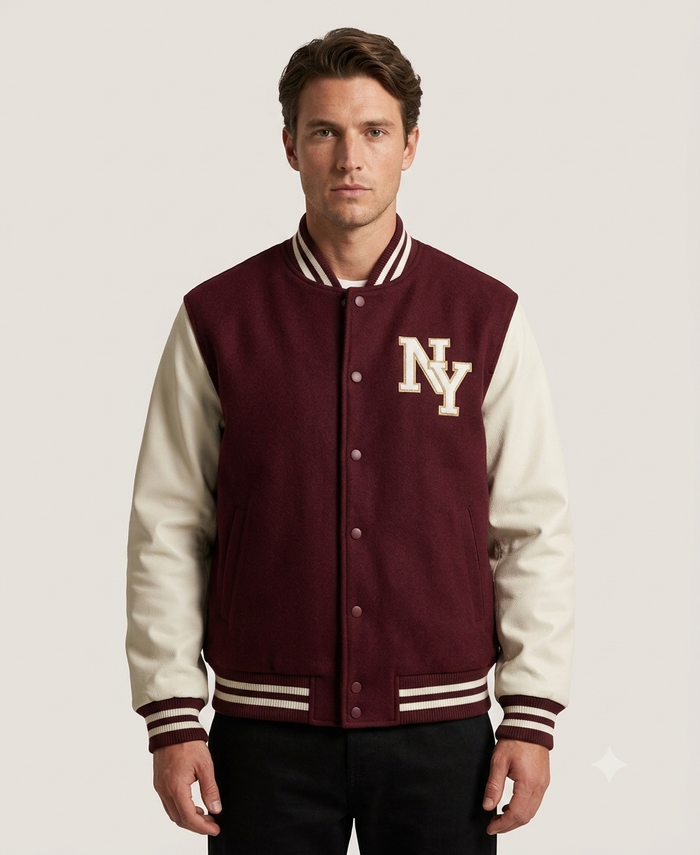 Men's Maroon Cotton Varsity Jacket | ZEYRAVO product image