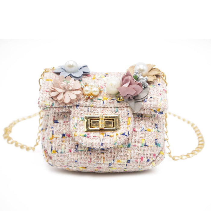 Mini Tweed Pearly Florals Crossbody - Pink