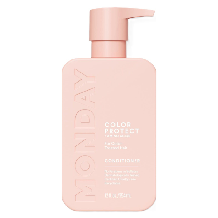 Monday Haircare Colour Protect Conditioner 354ml in a pink pump bottle on white background, labelled Color Protect + Amino Acids, 12 fl oz