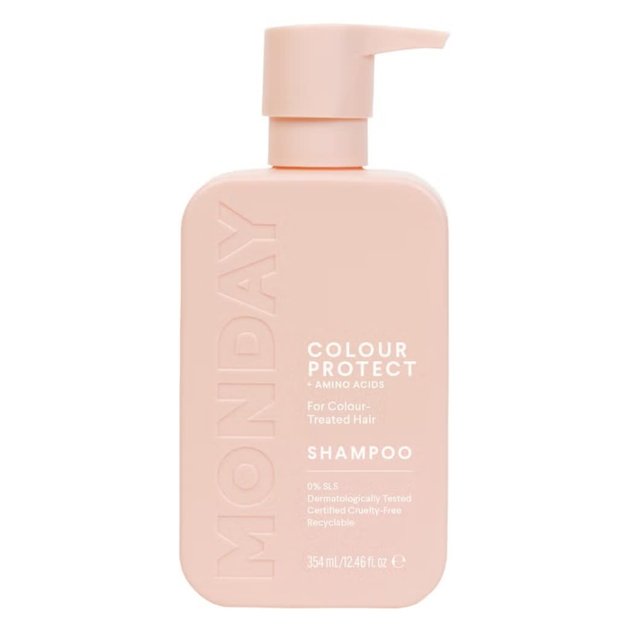Monday Haircare Colour Protect Shampoo 354ml in a pink pump bottle on a white background, labelled "For Colour-Treated Hair, 0% SLS"