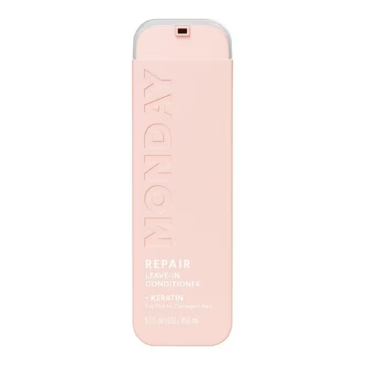 Monday Haircare Repair Leave-In Conditioner 150ml in blush pink spray bottle with embossed logo on white background