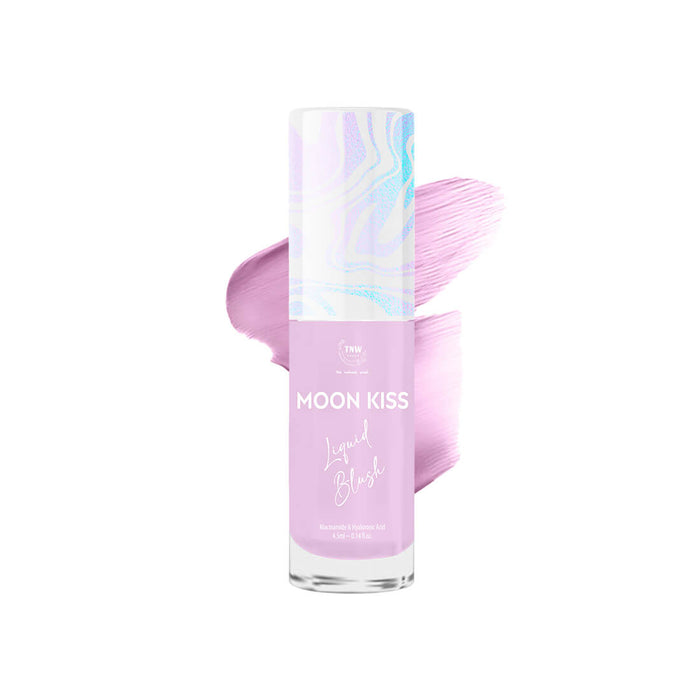 Pink makeup product with 'Moon Kiss' text on a white background