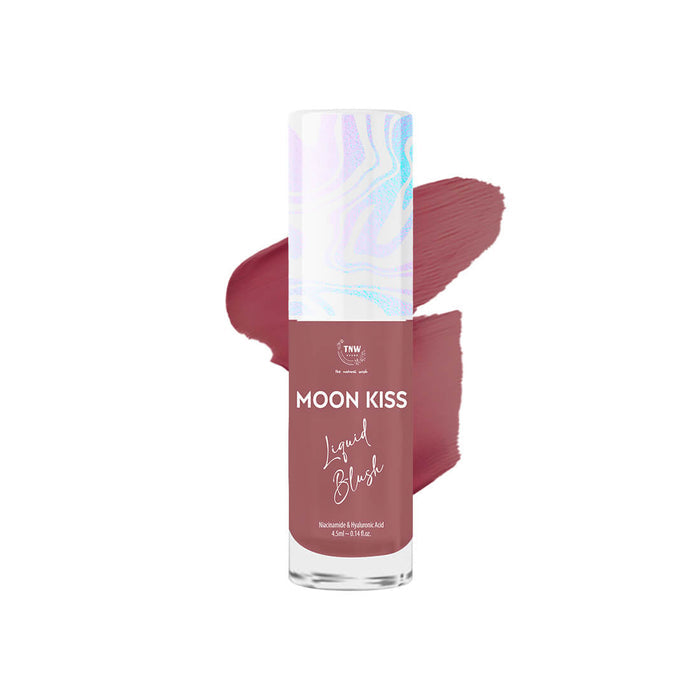 Moon Kiss liquid blush with a swatch on a white background