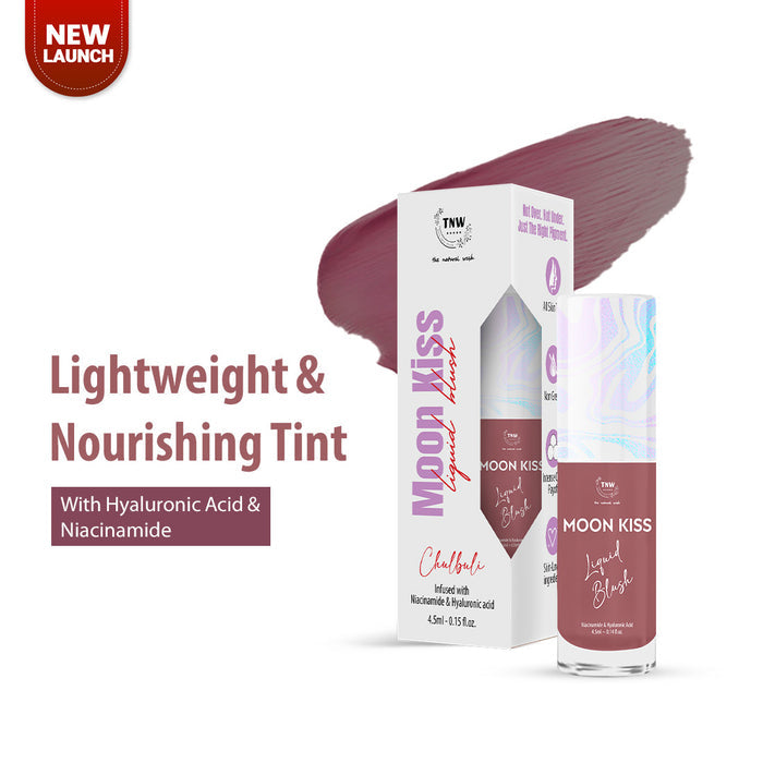 Moon Kiss liquid blush packaging with a swatch on a white background