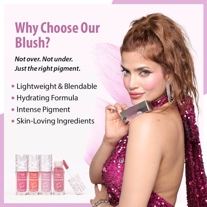 Woman holding a blush stick with product features listed on a pink background