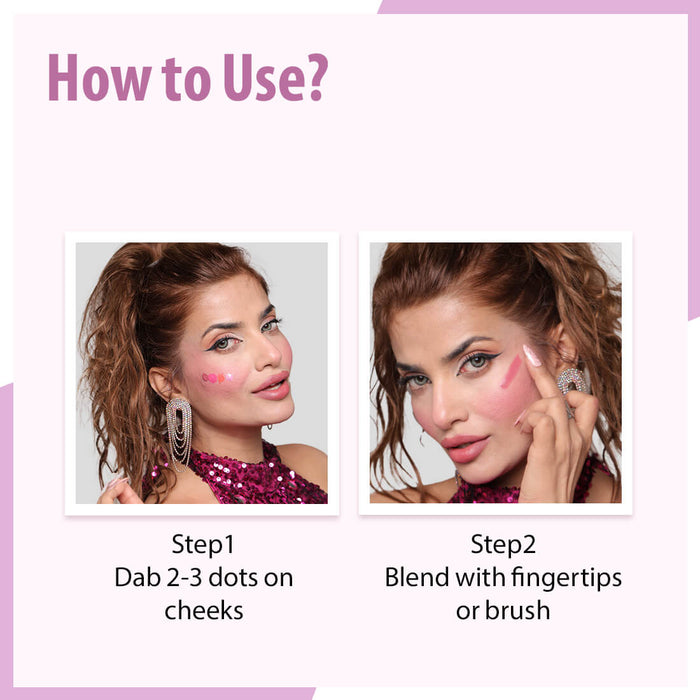Instructions on how to use a cosmetic product with a woman applying it on her cheeks.